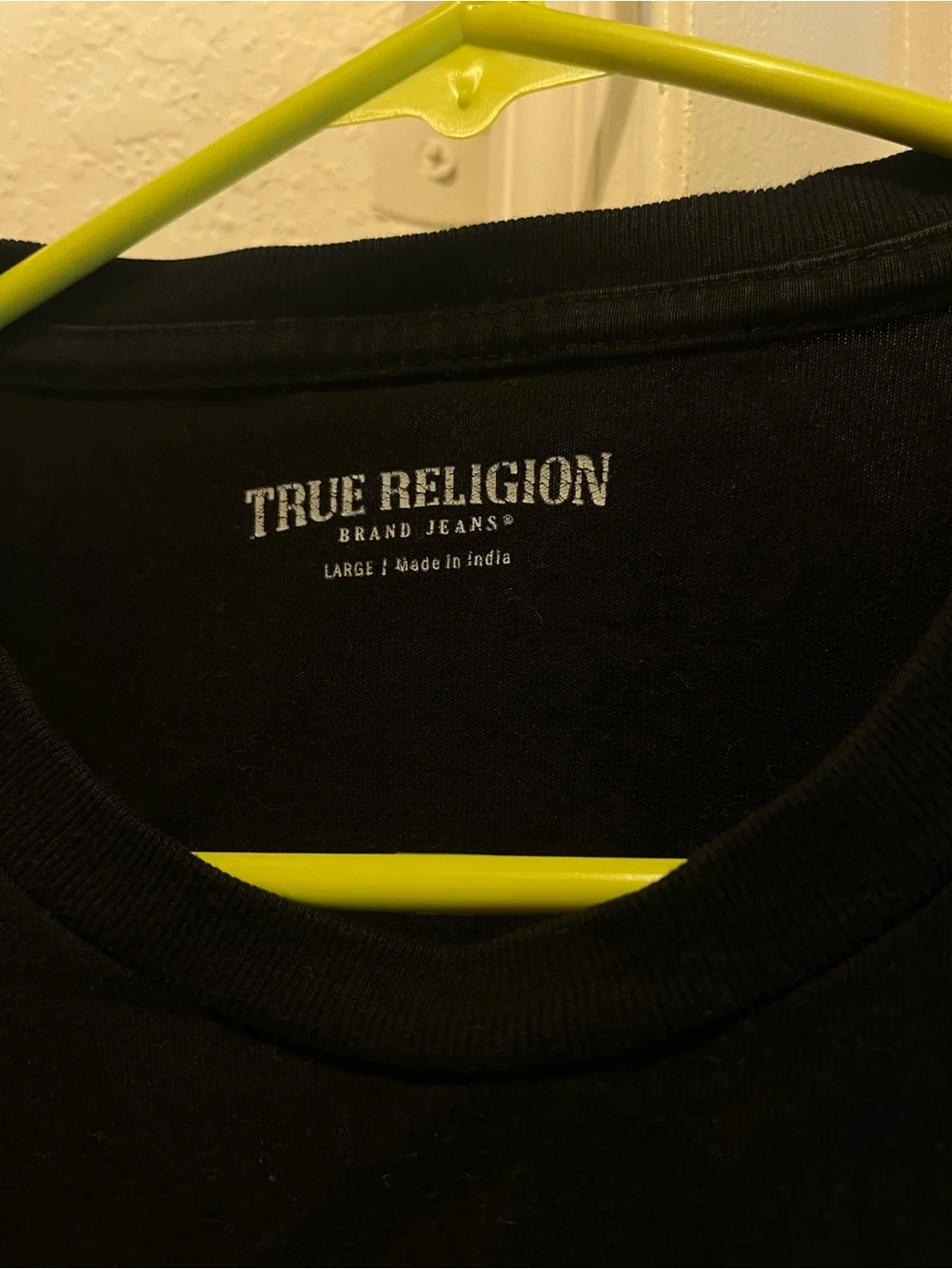 True Religion Black Crewneck T-Shirt with Multi-Color Patch Details